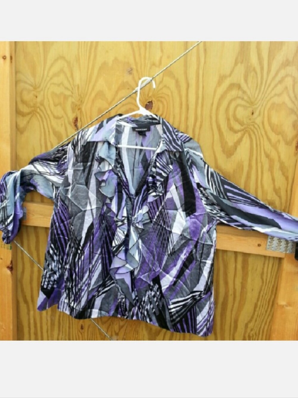 Ashley Stewart Purple Black & Gray Silky Ruffle Front Button Down Top